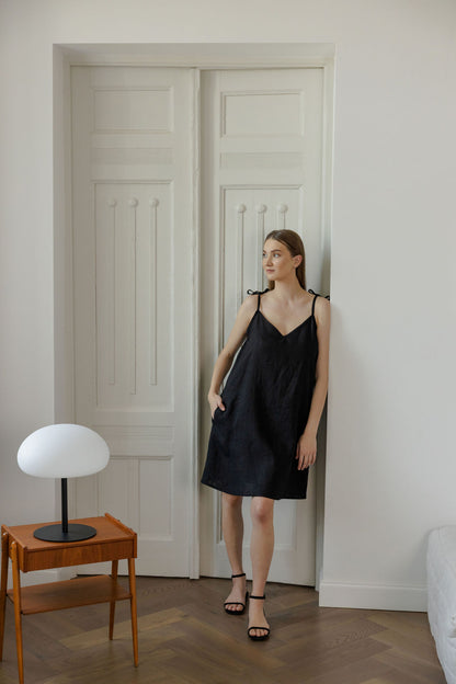 Black Linen Slip Dress With Adjustable Straps
