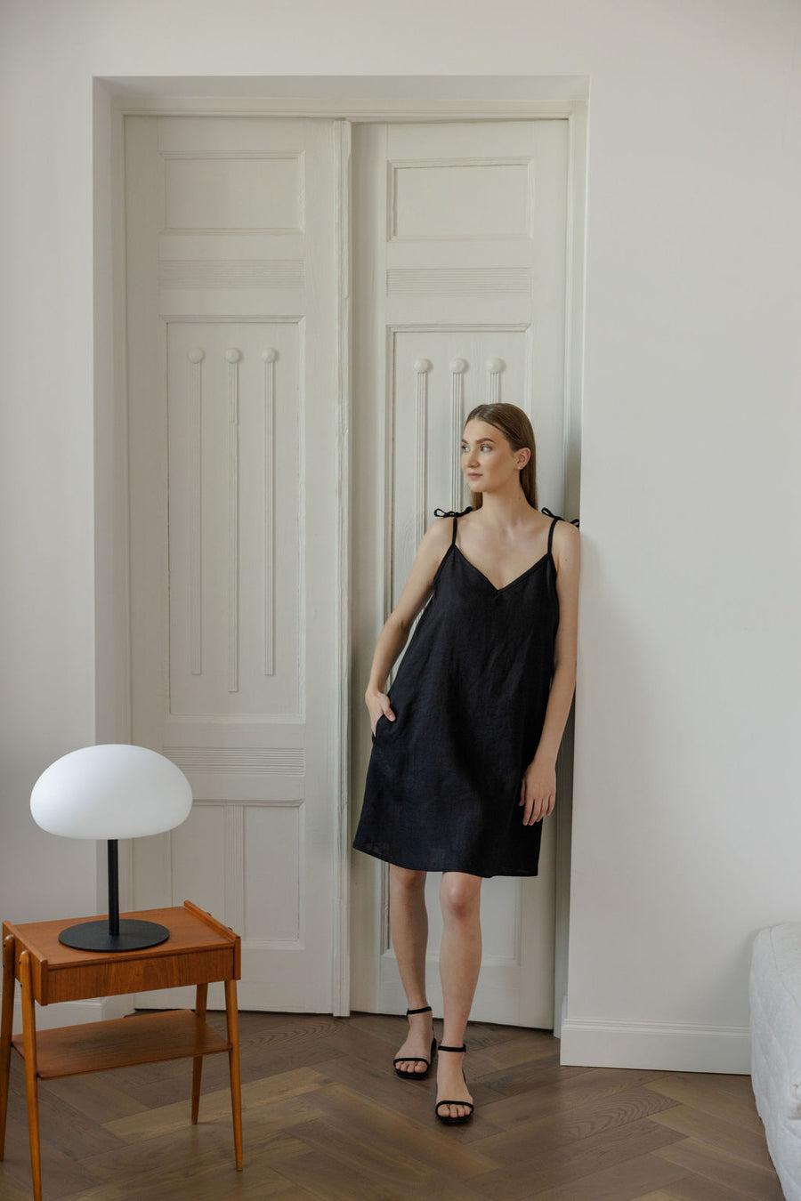Black Linen Slip Dress With Adjustable Straps