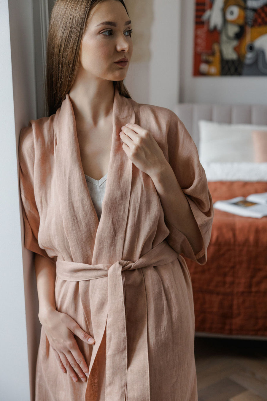Peach Lightweight Linen Kimono Robe