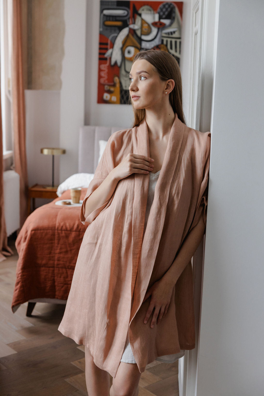 Peach Lightweight Linen Kimono Robe