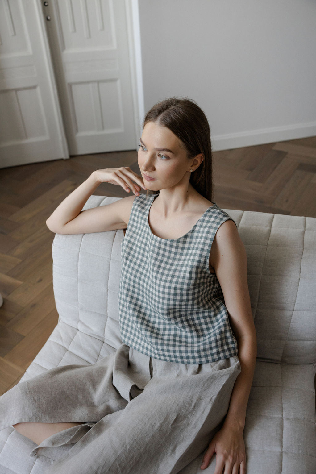 gray gingham linen crop top