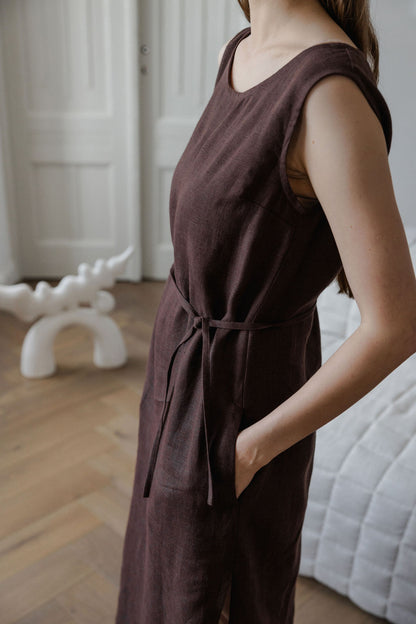 Chocolate brown linen dress