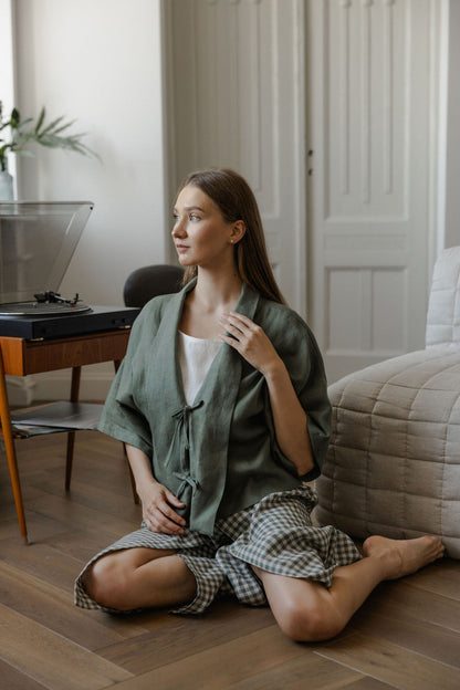 Safari Green Linen Kimono Jacket