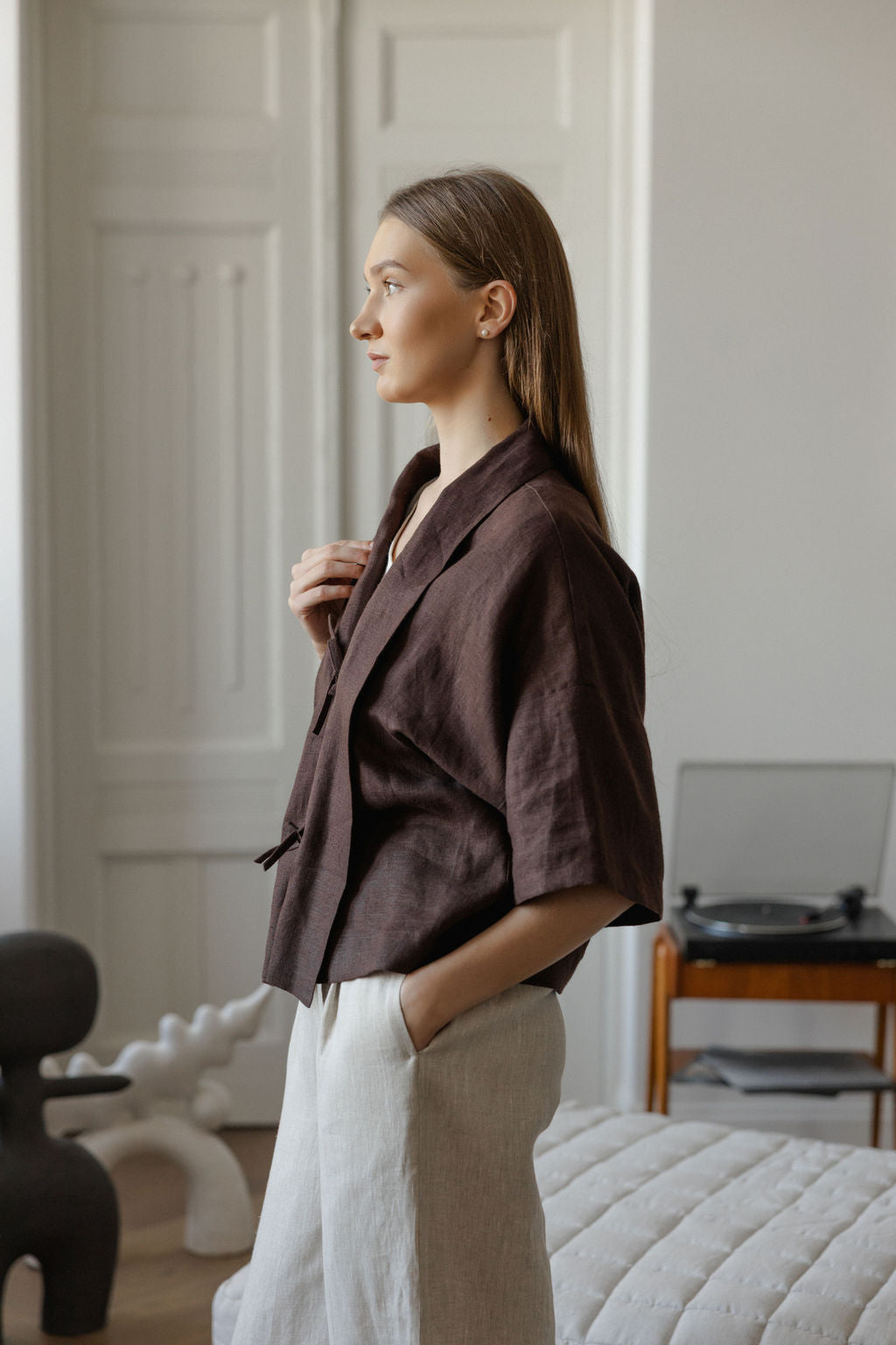 Chocolate Brown Linen Kimono Jacket