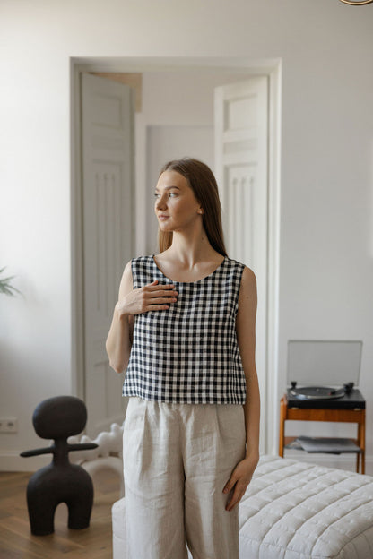 black gingham linen crop top