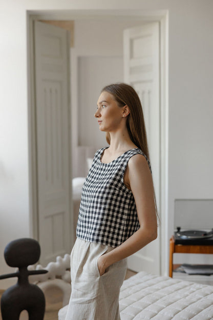 black gingham linen crop top