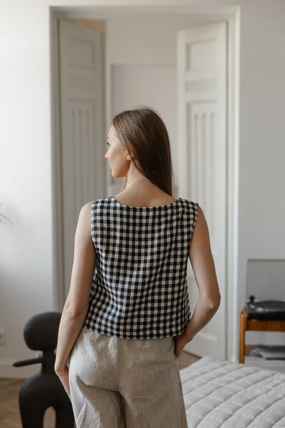 black gingham linen crop top