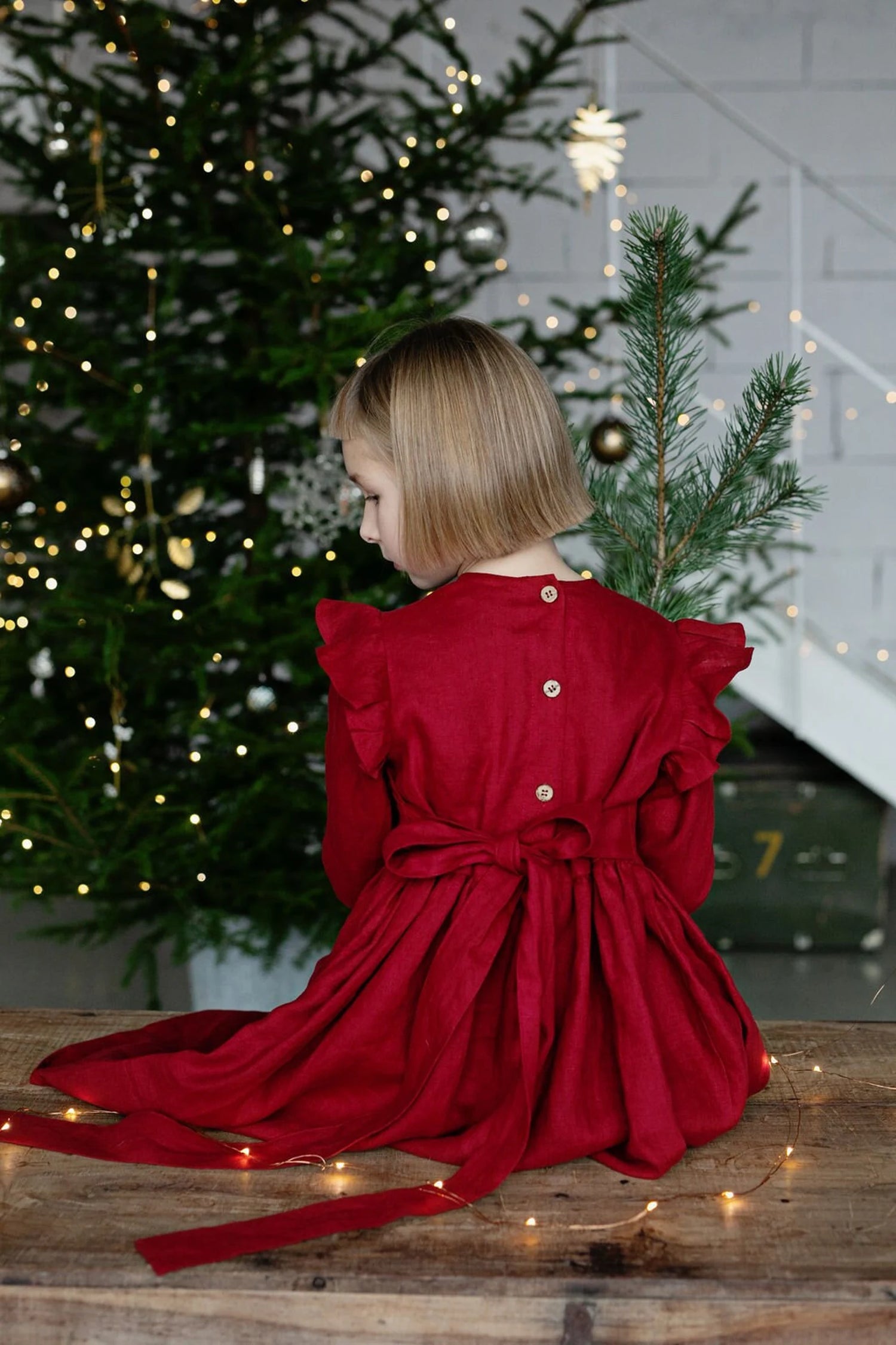 Berry Red Linen Christmas Dress With Ruffles | SAND SNOW LINEN Sand Snow Linen Berry Red Linen Christmas Dress With Ruffles | SAND SNOW LINEN Sand Snow Linen