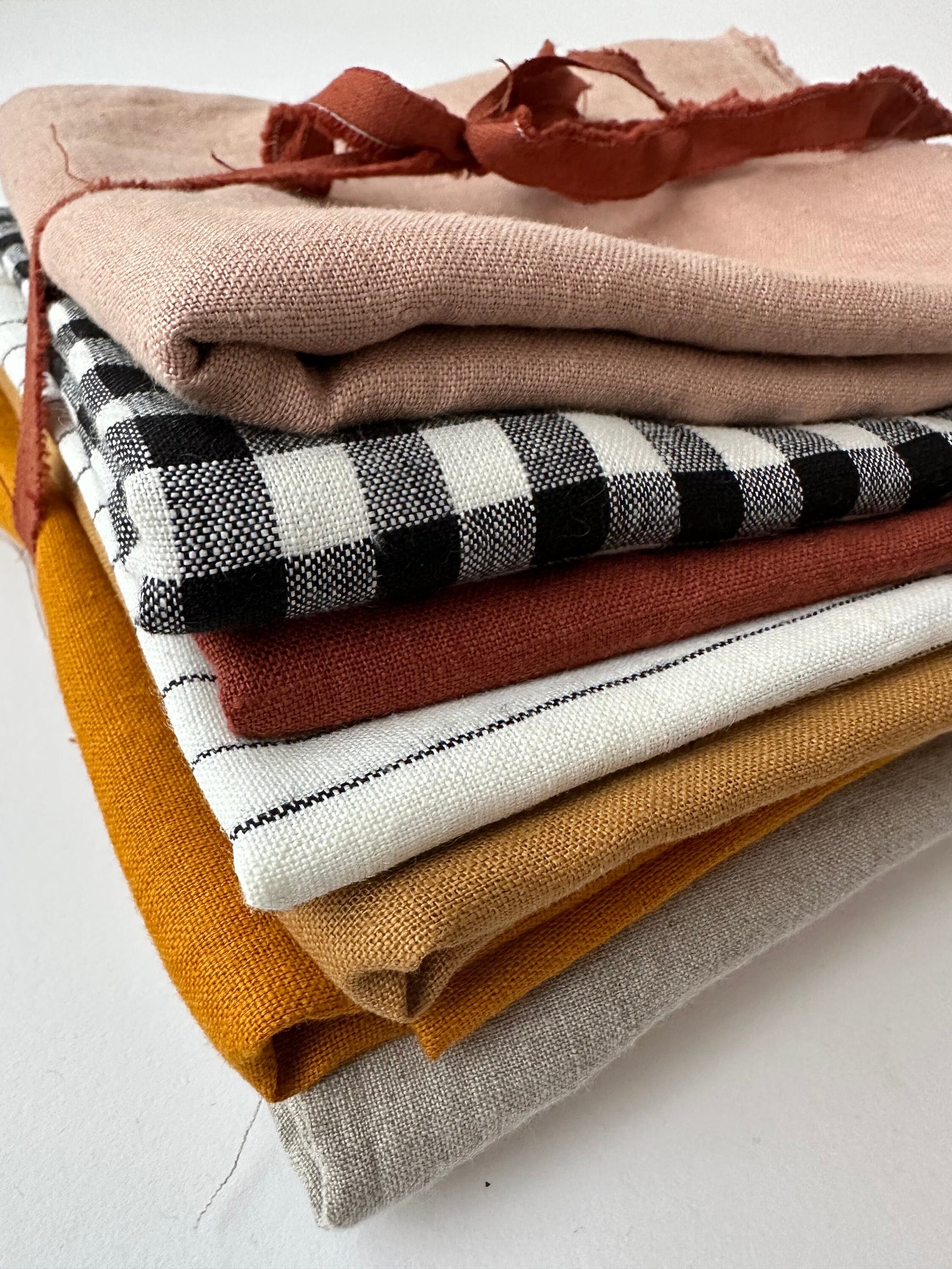 Linen scraps bundle of gingham checks and various solid colors