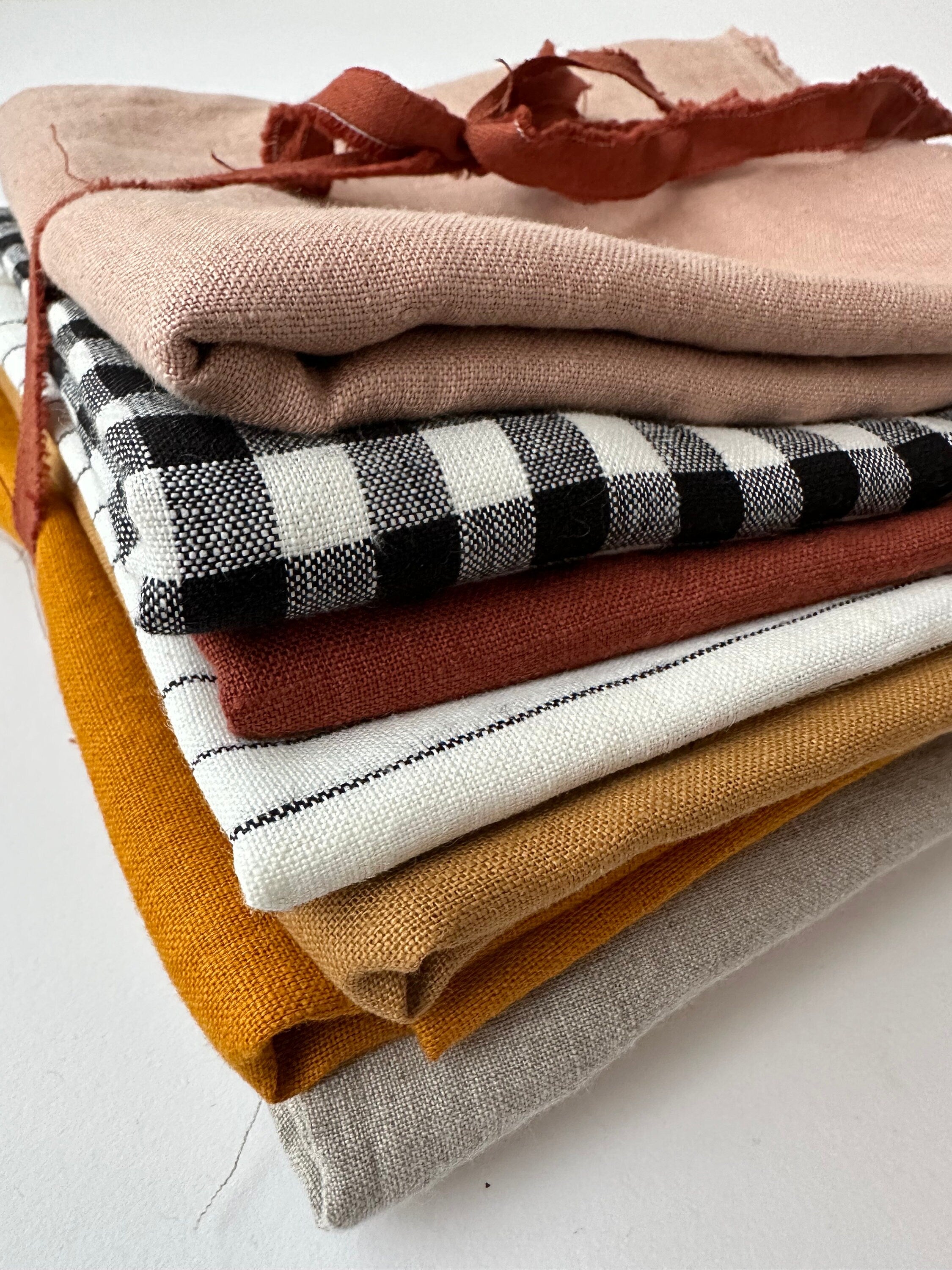 Linen scraps bundle of gingham checks and various solid colors