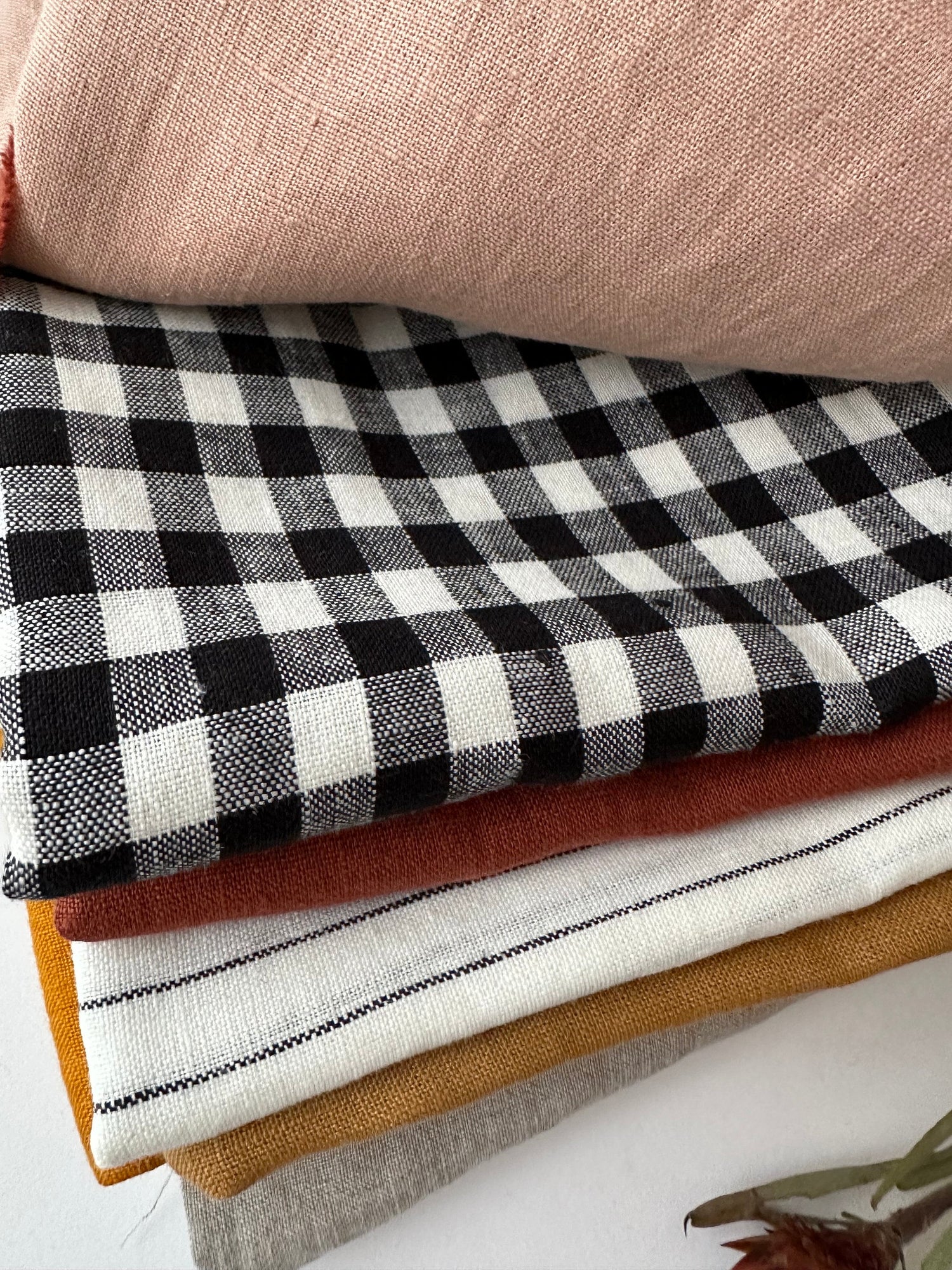 Linen scraps bundle of gingham checks and various solid colors