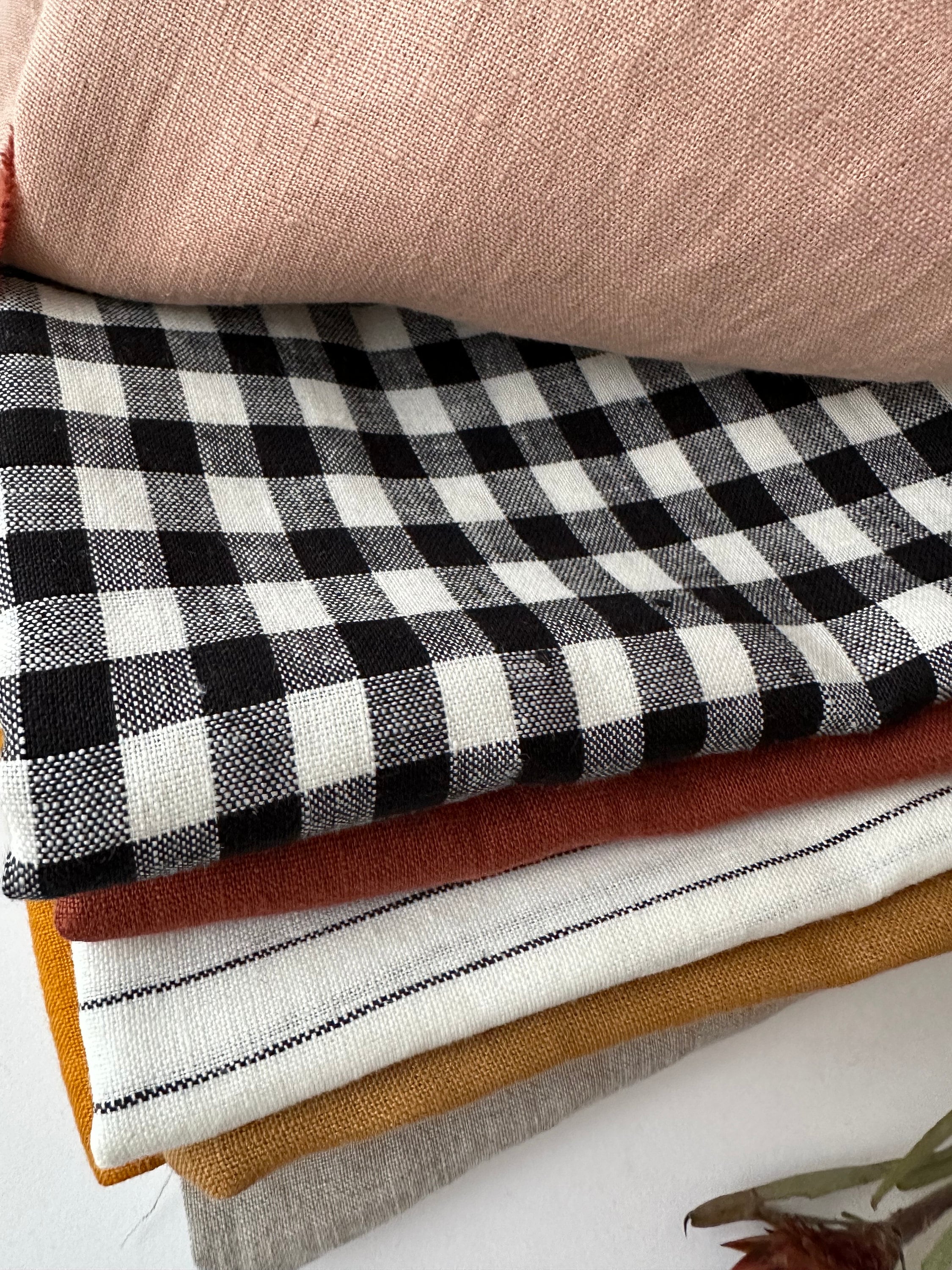 Linen scraps bundle of gingham checks and various solid colors