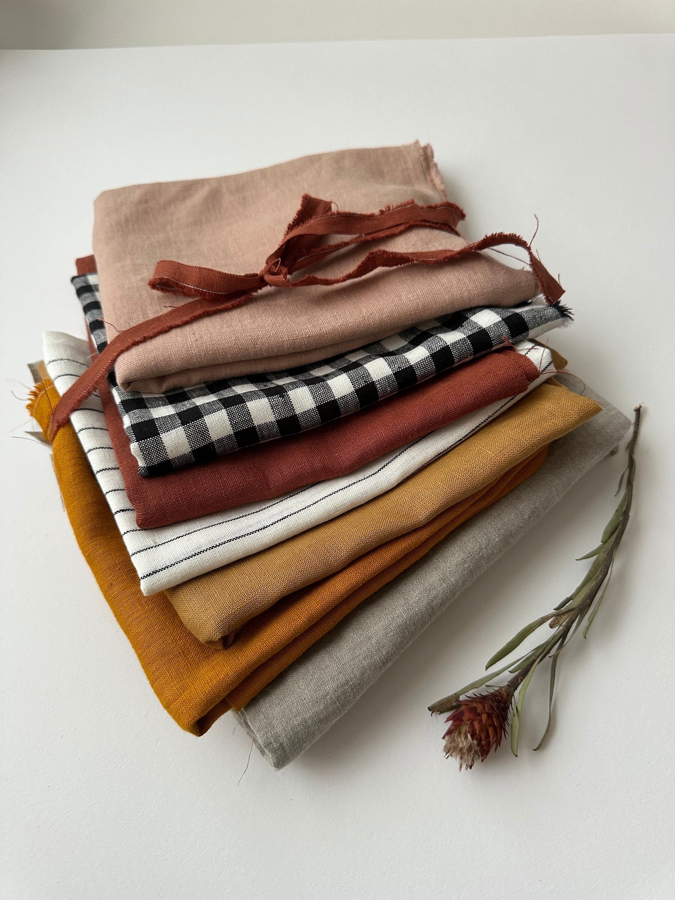 Linen scraps bundle of gingham checks and various solid colors