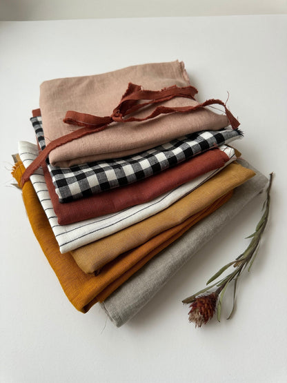 Linen scraps bundle of gingham checks and various solid colors