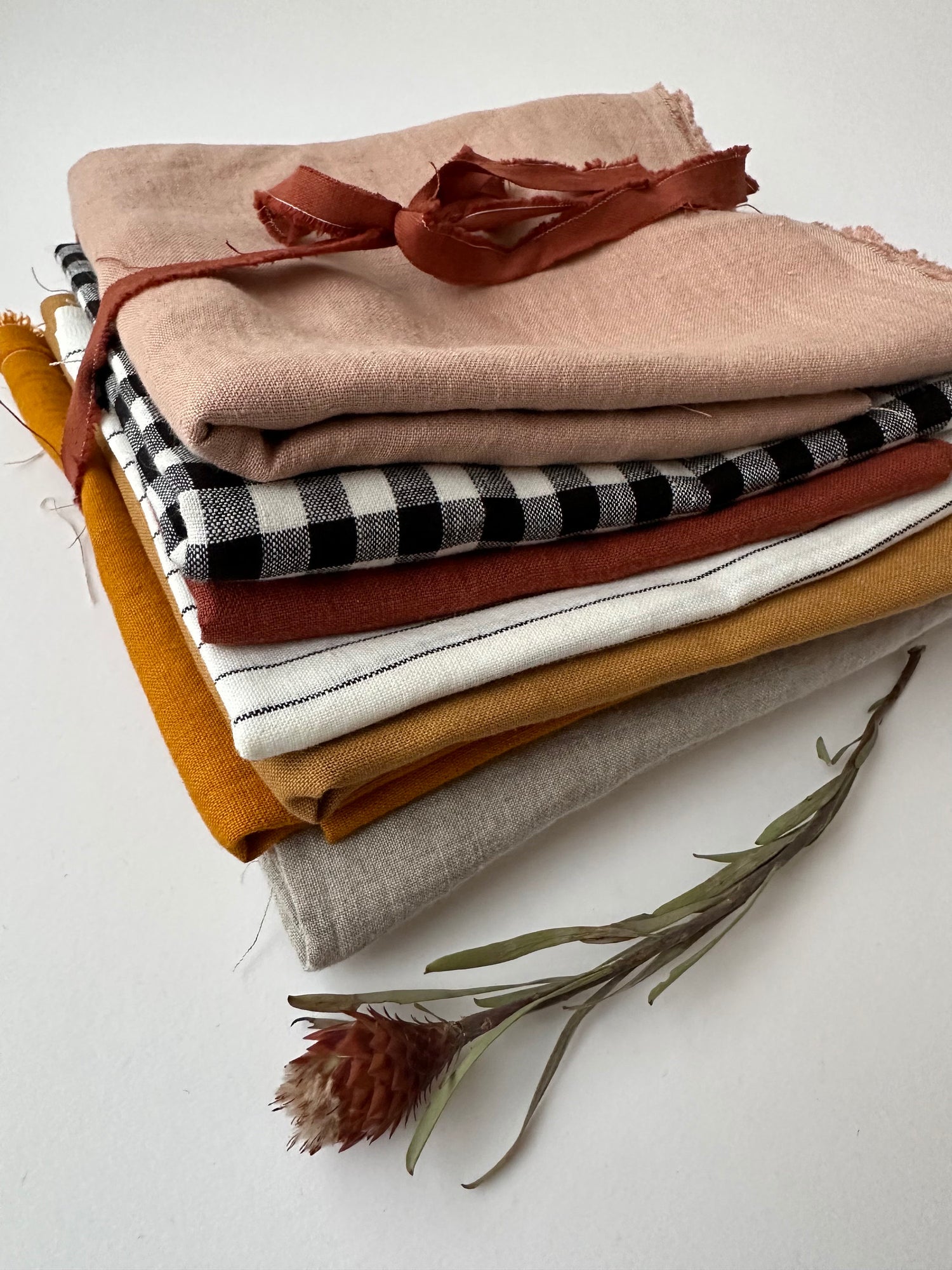 Linen scraps bundle of gingham checks and various solid colors