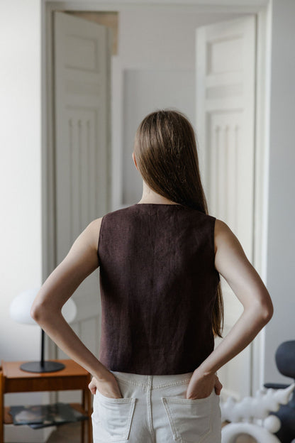 brown linen vest with buttons