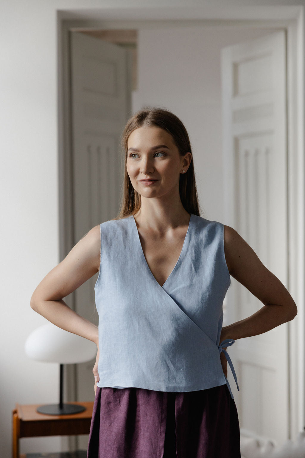 blue linen wrap vest