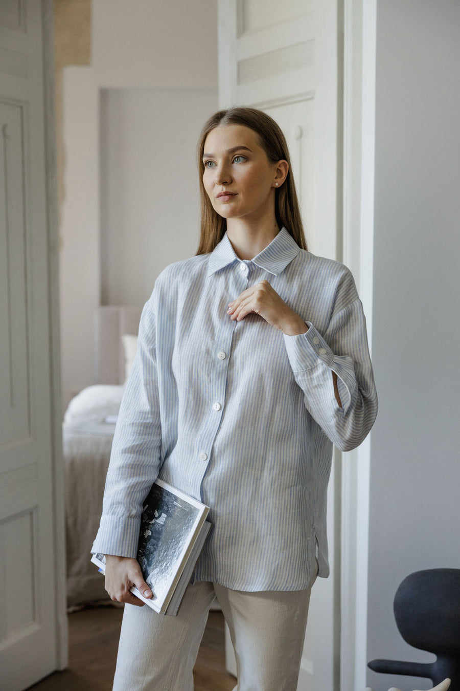 striped blue linen shirt