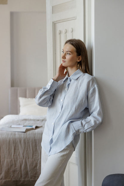 striped blue linen shirt