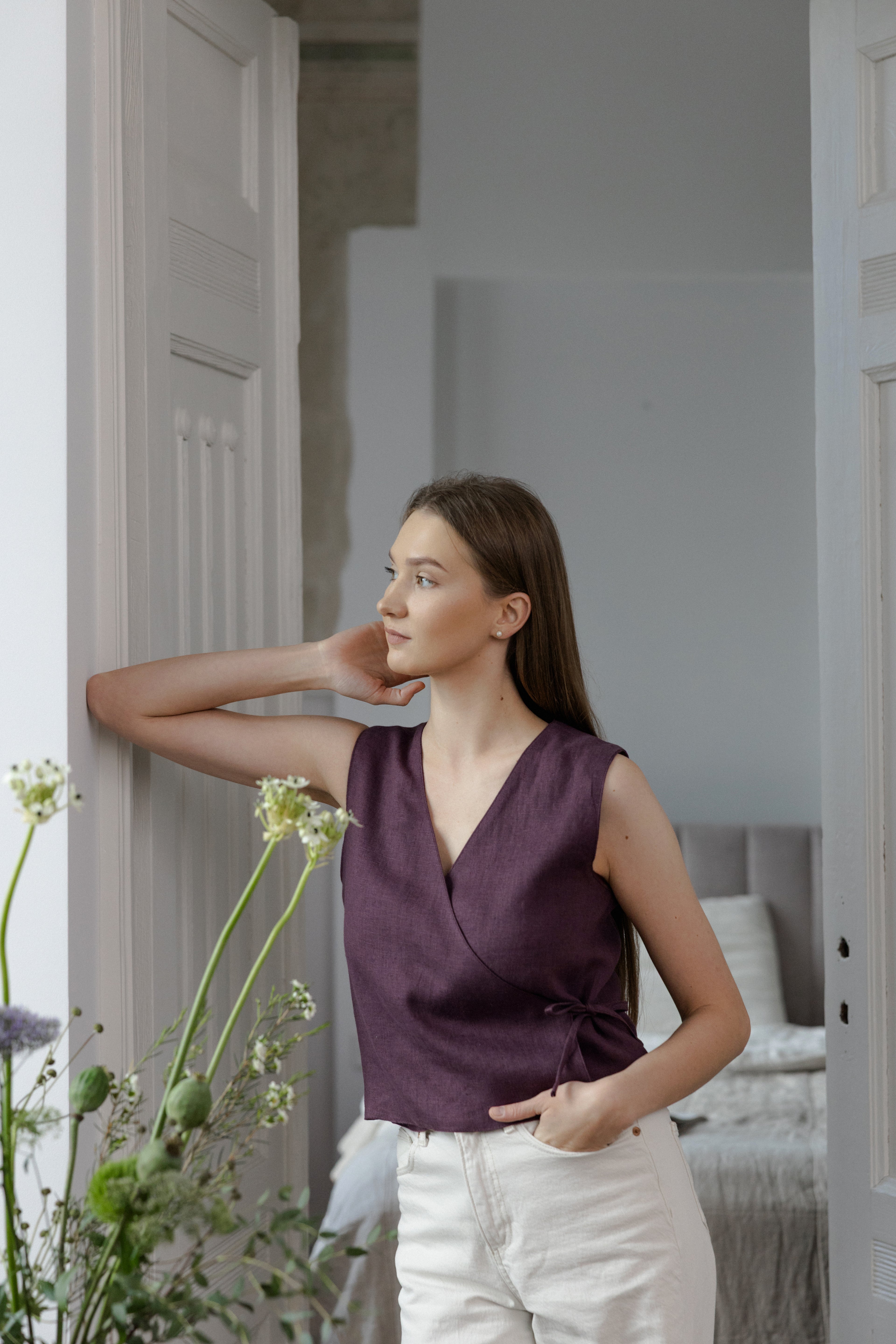 plum linen wrap vest