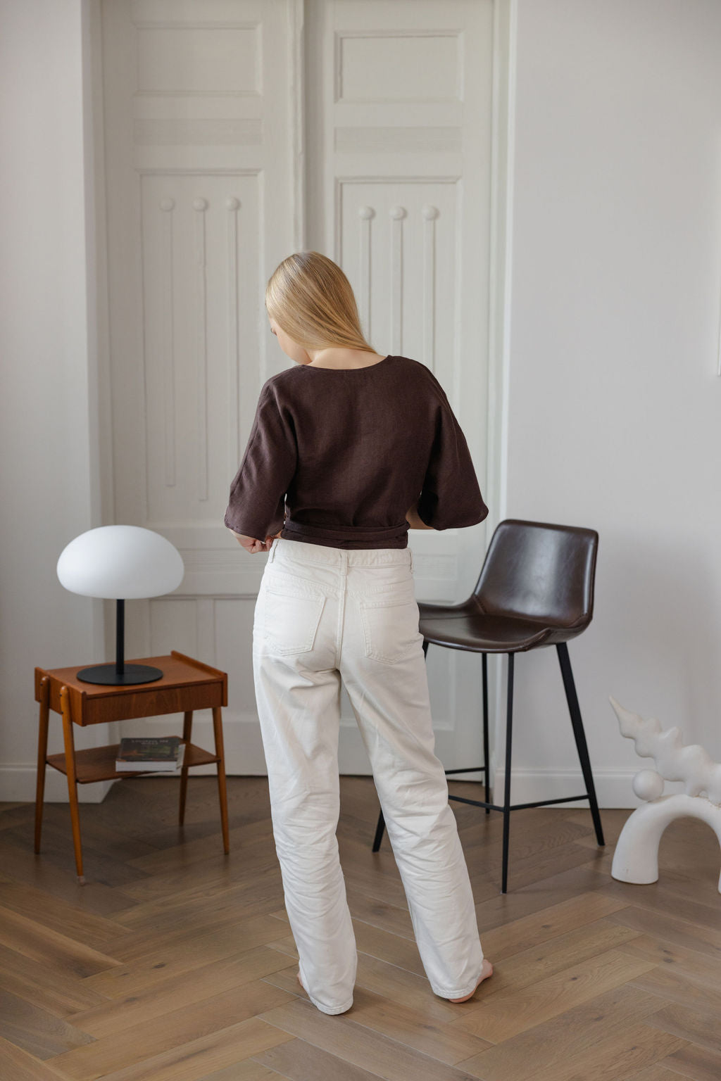 brown linen wrap blouse