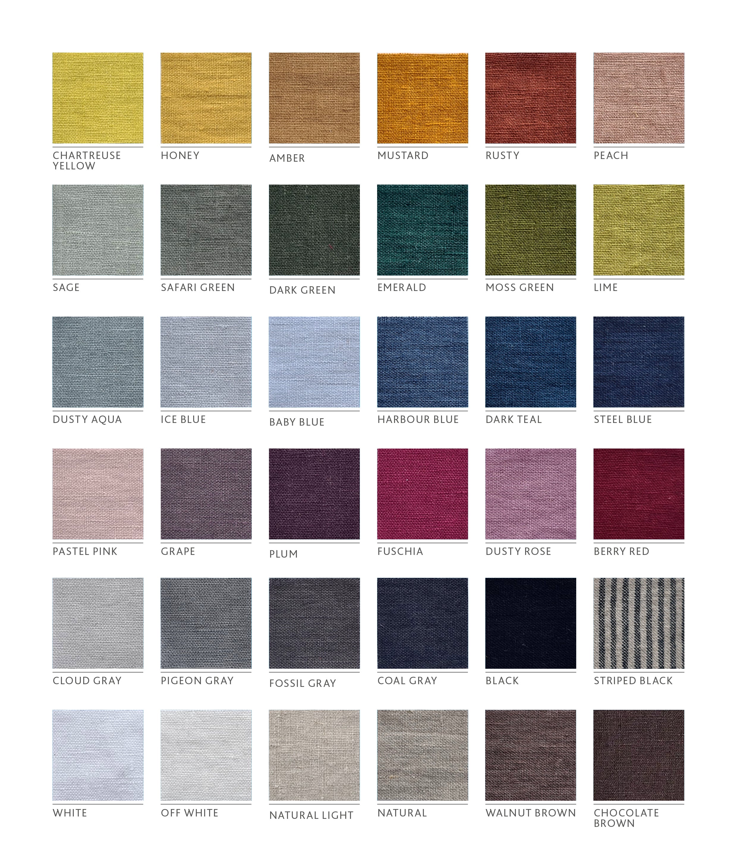 Color swatch chart with various fabric textures and names.