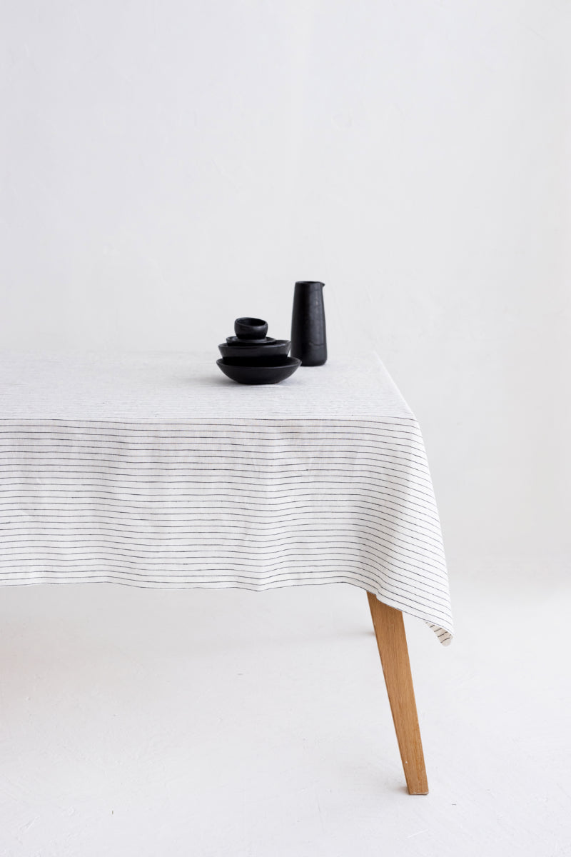 white striped linen tablecloth