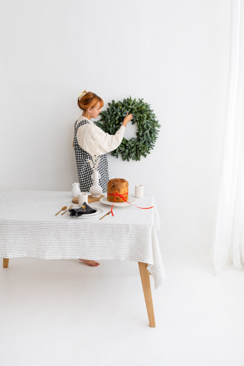 white striped linen tablecloth
