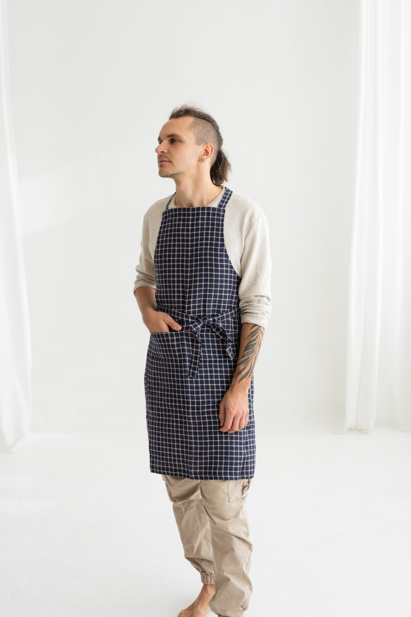 blue linen men apron