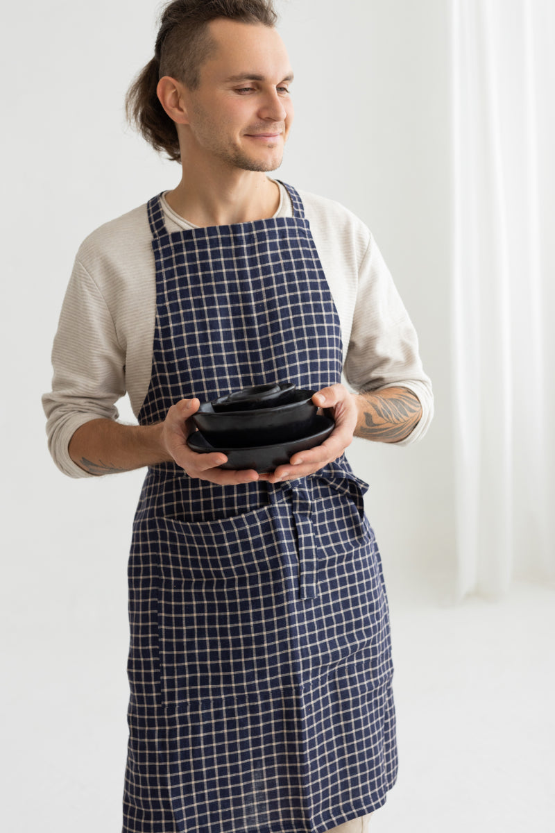 blue linen men apron