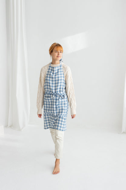 Light Blue Gingham Linen Apron