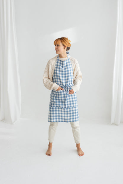 Light Blue Gingham Linen Apron