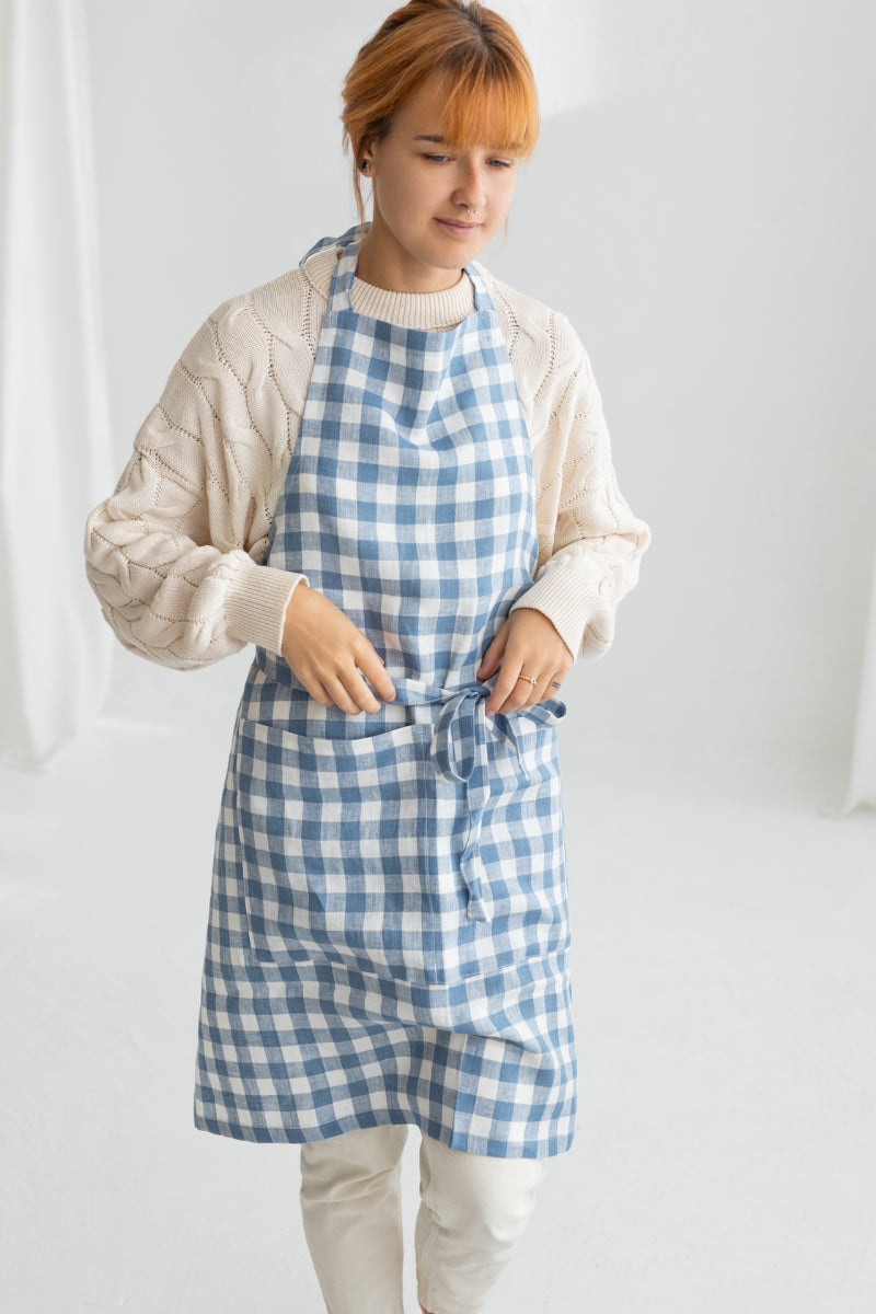 Light Blue Gingham Linen Apron