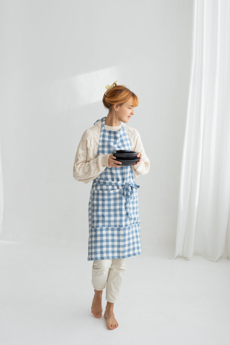 Light Blue Gingham Linen Apron