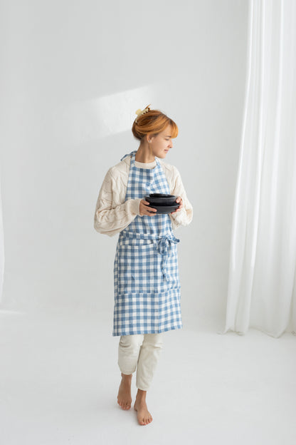 Light Blue Gingham Linen Apron