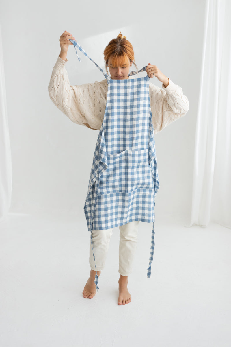 Light Blue Gingham Linen Apron