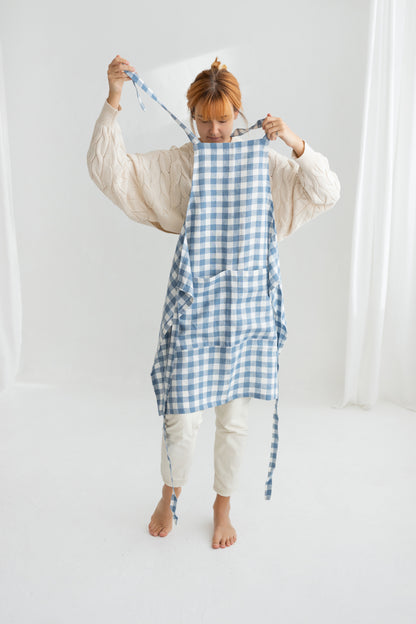 Light Blue Gingham Linen Apron