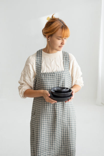 gray gingham japanese linen apron