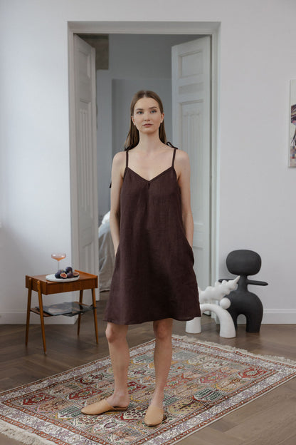 Chocolate Linen Slip Dress With Adjustable Straps