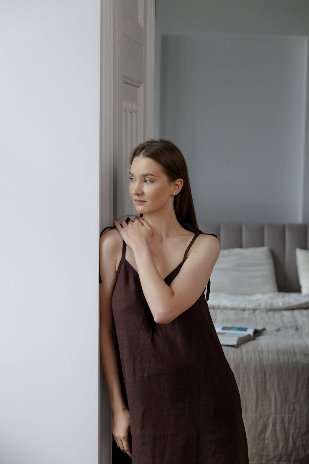 Chocolate Linen Slip Dress With Adjustable Straps