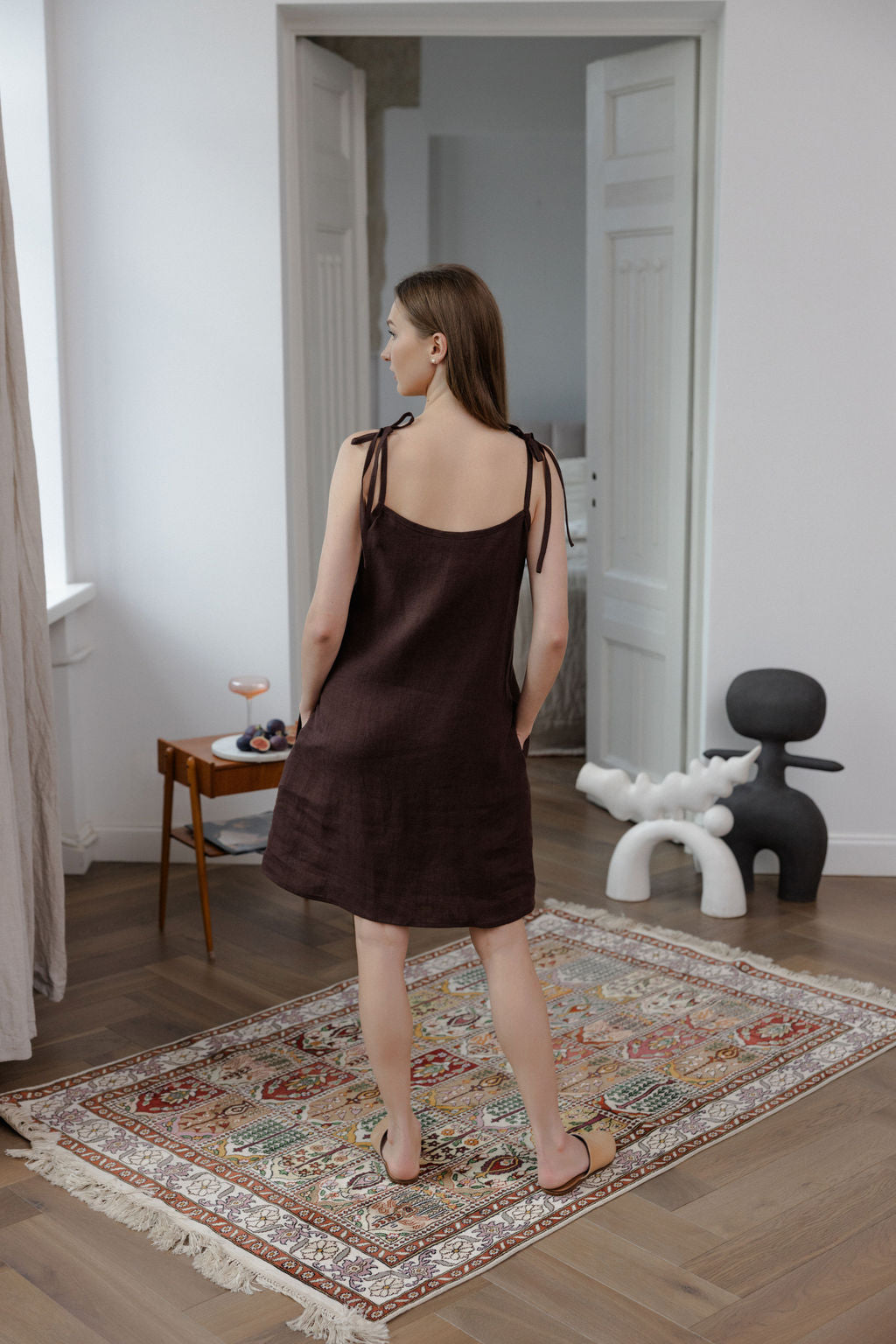 Chocolate Linen Slip Dress With Adjustable Straps