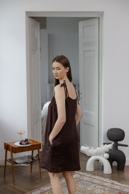 Chocolate Linen Slip Dress With Adjustable Straps