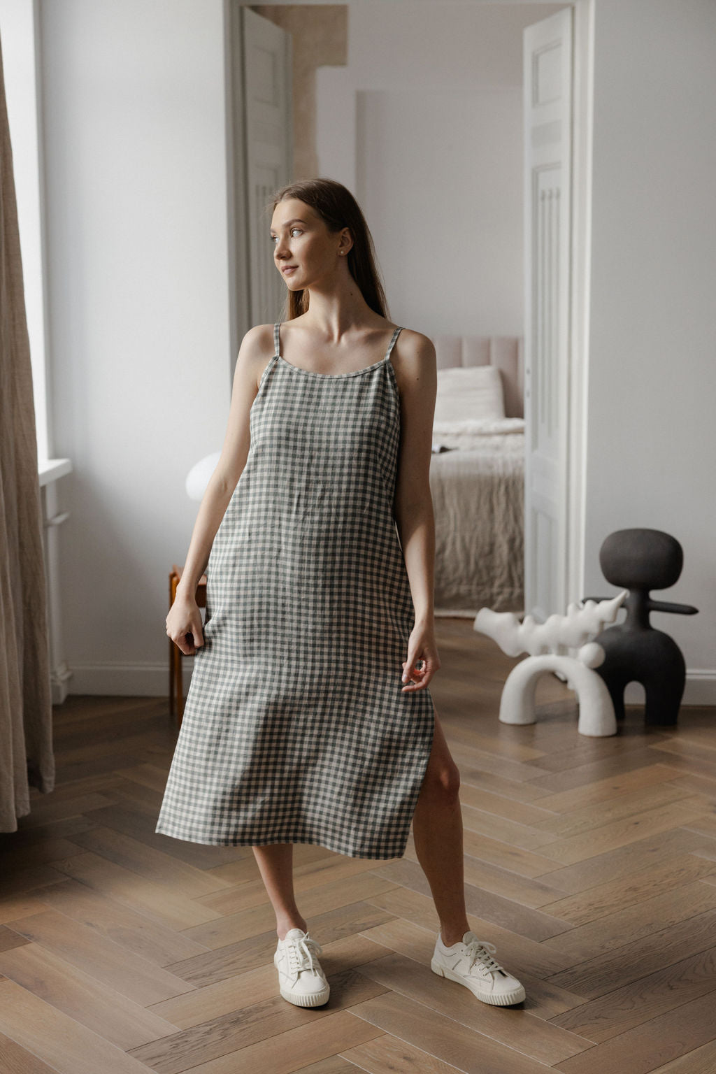 Gray Green Gingham Linen Slip Dress With Straps