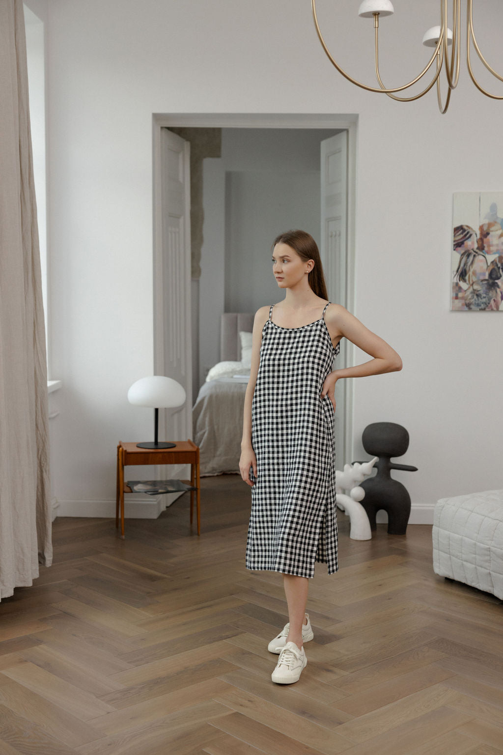 Black Gingham Linen Slip Dress With Straps