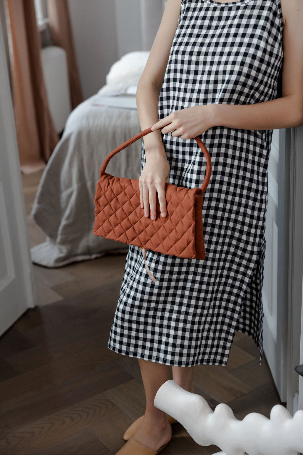 Quilted Linen Baguette Handbag