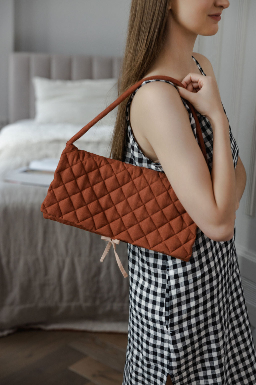 Quilted Linen Baguette Handbag