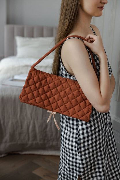 Quilted Linen Baguette Handbag