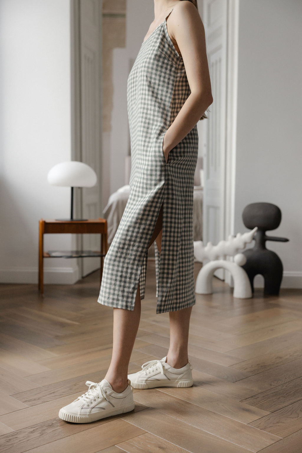 Gray Green Gingham Linen Slip Dress With Straps