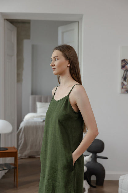 Dark Green Linen Slip Dress With Straps