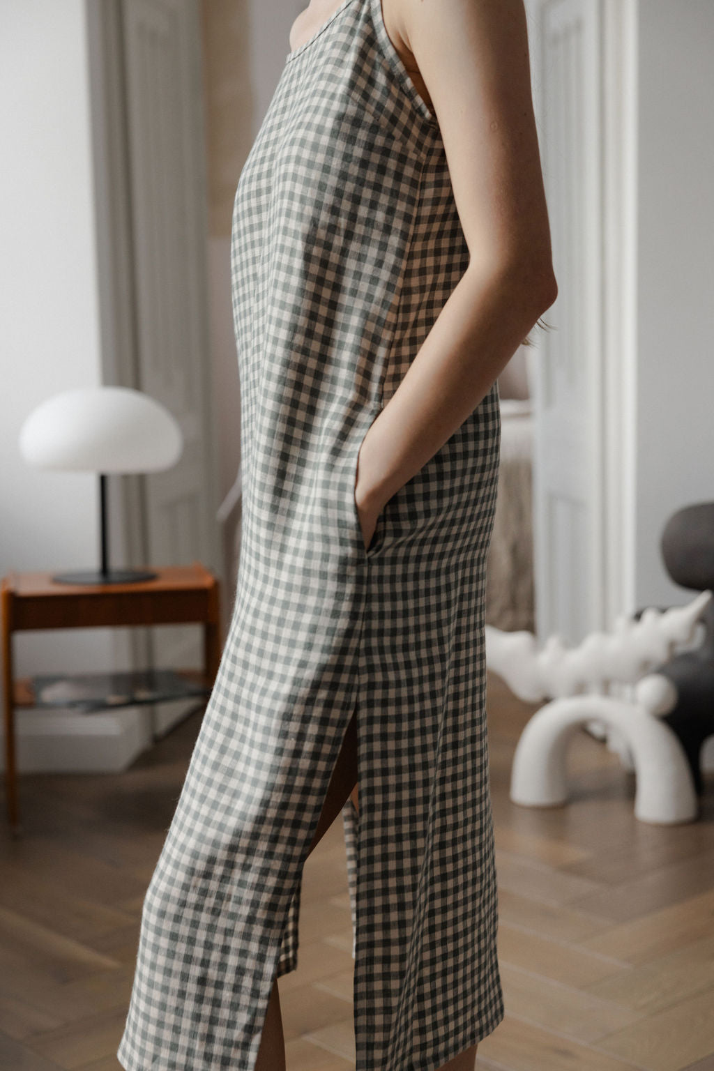 Gray Green Gingham Linen Slip Dress With Straps